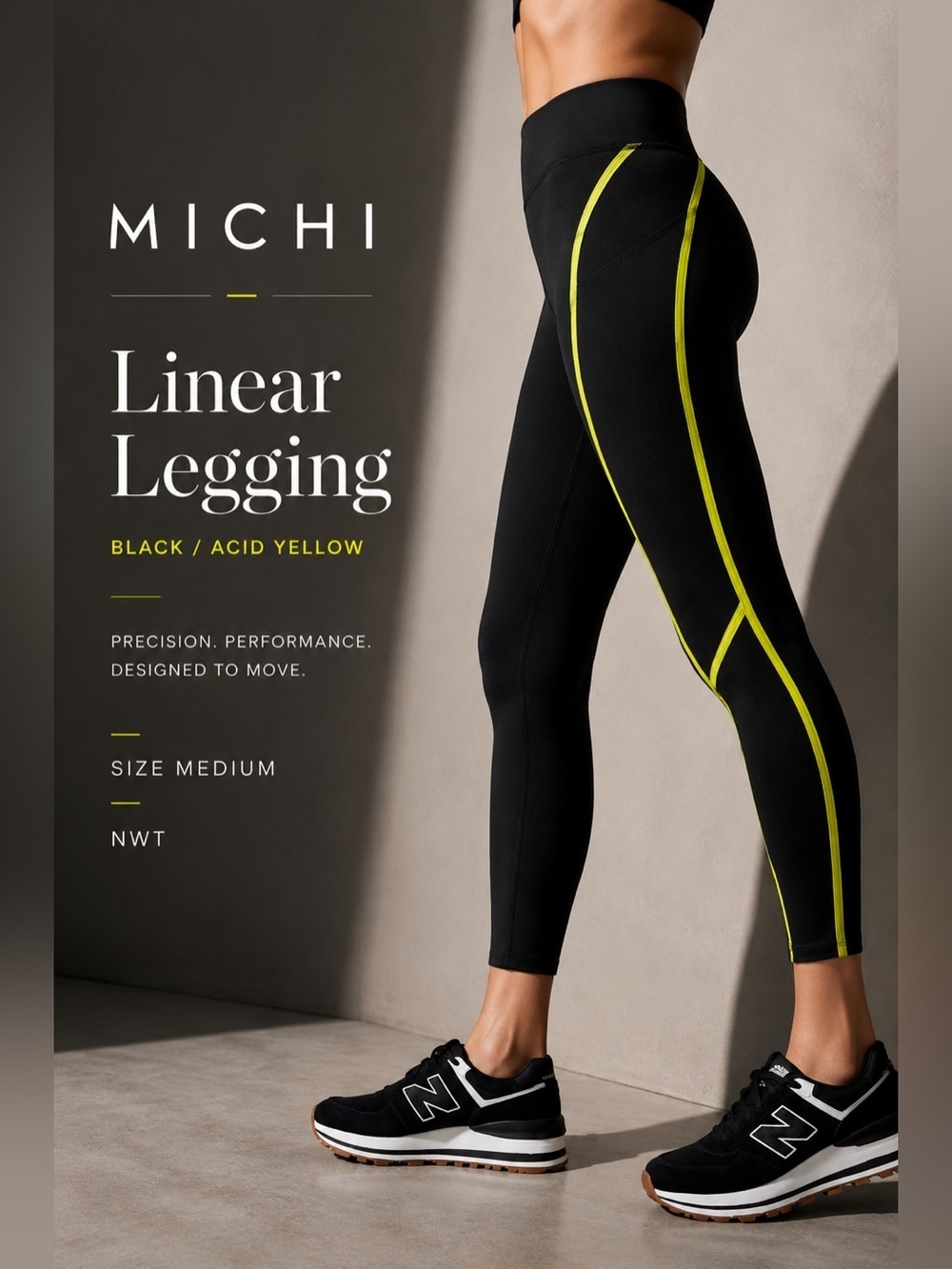 Michi Linear Leggings Black Acid Yellow Size Medium NWT